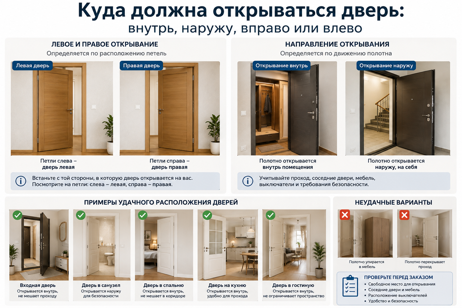 Куда должна открываться дверь: внутрь, наружу, вправо или влево